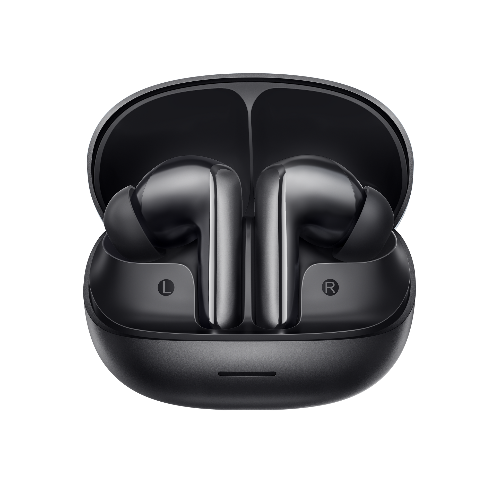 MeloBuds N65 – auriculares True Wireless pretos no estojo de carregamento.