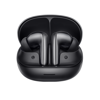 MeloBuds N65 – auriculares True Wireless pretos no estojo de carregamento.