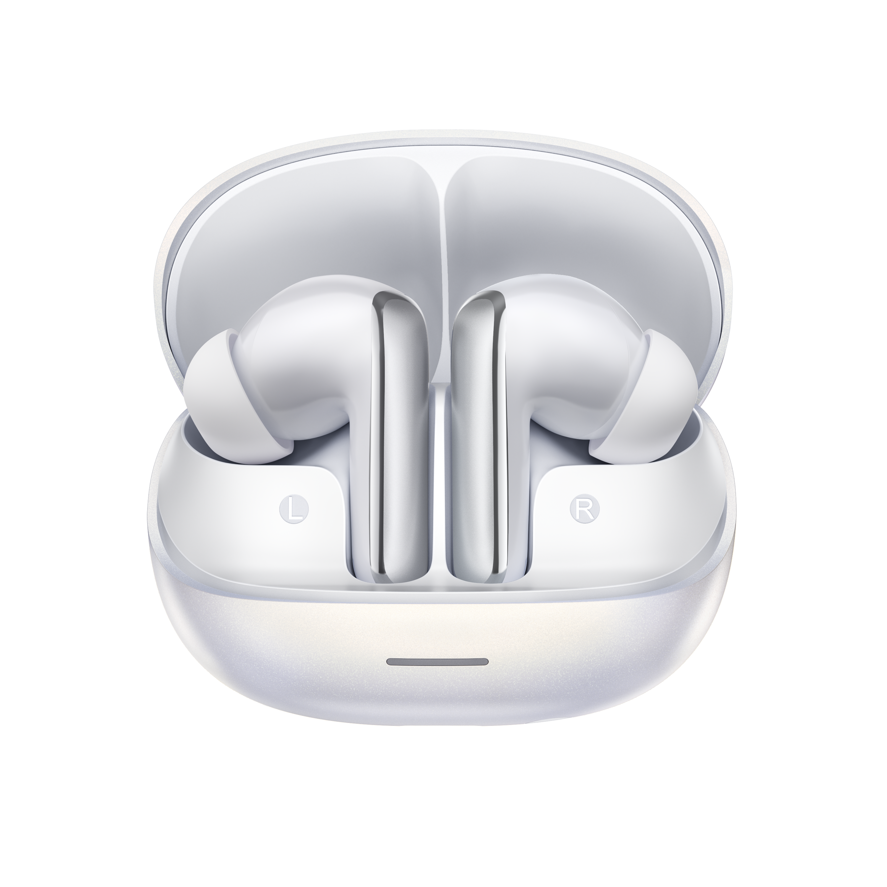 MeloBuds N65 – auriculares True Wireless brancos com caixa de carregamento, marcados com L e R.