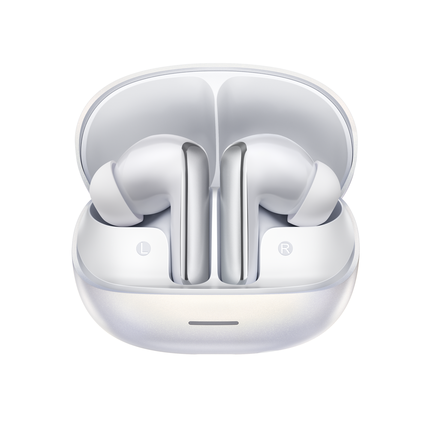 MeloBuds N65 – auriculares True Wireless brancos com caixa de carregamento, marcados com L e R.