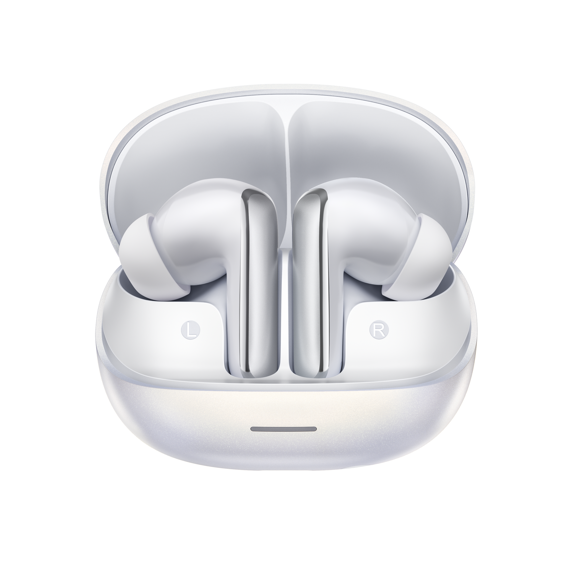MeloBuds N65 – auriculares True Wireless brancos com caixa de carregamento, marcados com L e R.