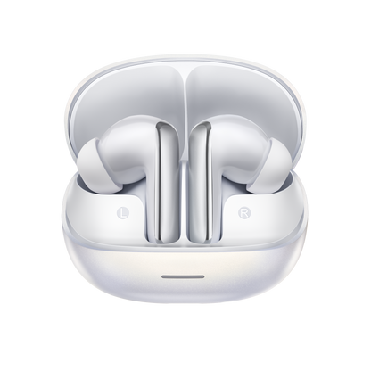 MeloBuds N65 – auriculares True Wireless brancos com caixa de carregamento, marcados com L e R.