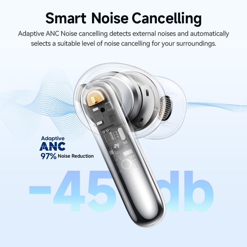 White QCY Melobuds N50 earbud showcasing smart noise cancelling with adaptive ANC and 97% noise reduction capability