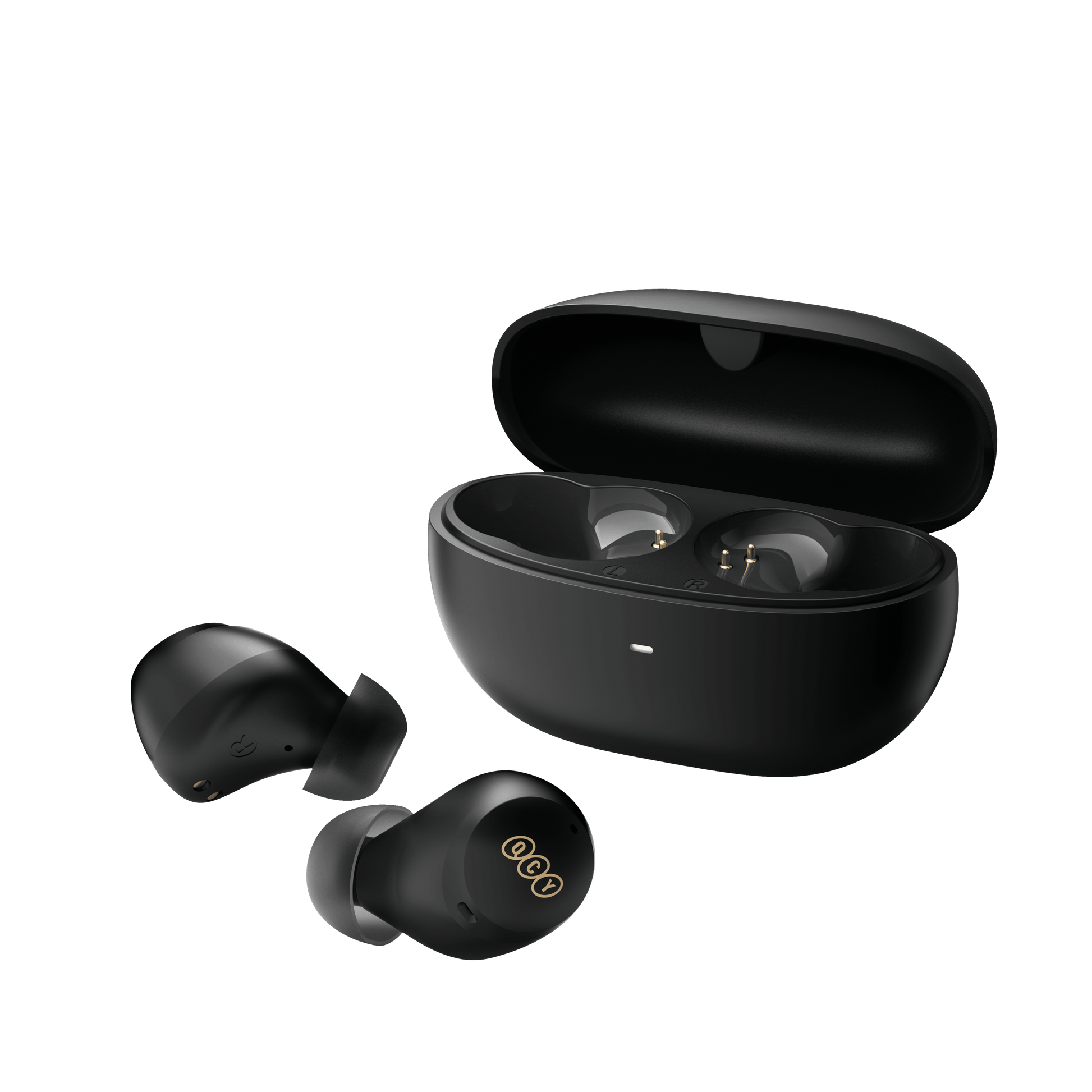 Black QCY ArcBuds wireless earbuds with charging case, showing gold logo detail on earbuds on transparent background.