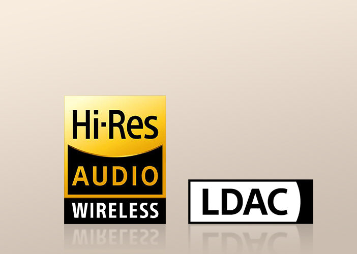 Logótipo Hi-Res Audio Wireless e LDAC para reprodução de áudio sem fios de alta qualidade.