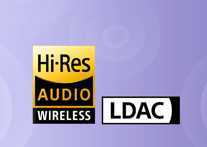 Áudio Hi-Res Sem Fios e Logótipo LDAC em fundo roxo