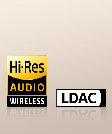 Logótipos Hi-Res Audio Wireless e LDAC para transmissão de áudio sem fios de alta qualidade.
