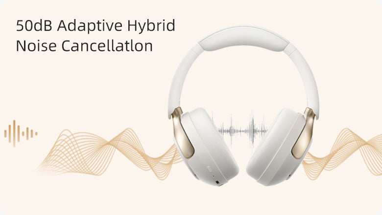 Auriculares over-ear brancos com cancelamento de ruído híbrido adaptativo de 50dB e animação de ondas.