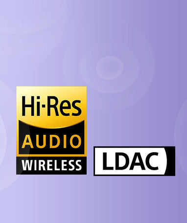 Logótipo Hi-Res Audio Wireless e LDAC sobre fundo roxo.