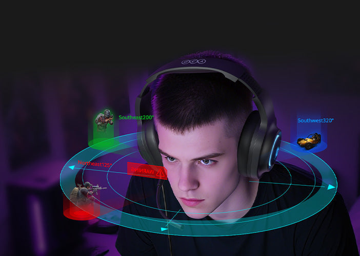 Auriculares gaming com som 360° para experiências imersivas.