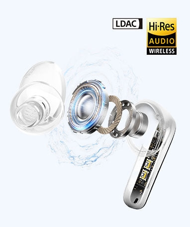 Auriculares intra-auriculares sem fios prateados com LDAC e áudio Hi-Res, design transparente.