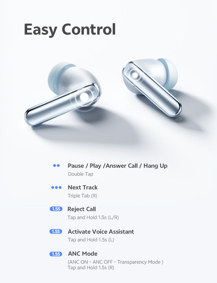 Auriculares sem fios com controlo tátil: reprodução, chamadas, assistente de voz e modo ANC através de toques e gestos de manter premido.