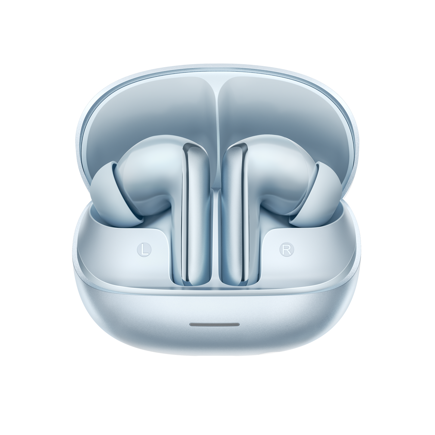MeloBuds N65 – auriculares intra-auriculares elegantes em azul claro com caixa de carregamento.