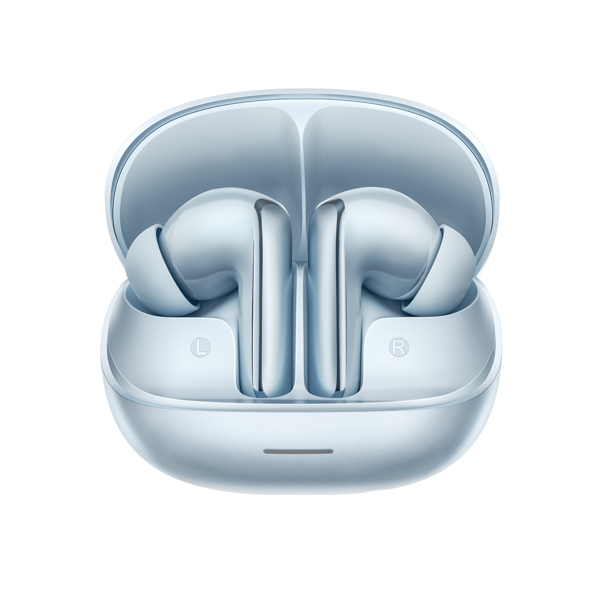 MeloBuds N65 – auriculares intra-auriculares elegantes em azul claro com caixa de carregamento.