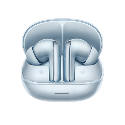 MeloBuds N65 – auriculares intra-auriculares elegantes em azul claro com caixa de carregamento.
