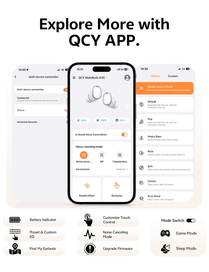 Aplicação QCY para MeloBuds A30: Mostrar cancelamento de ruído, efeitos sonoros e ligação a vários dispositivos num ecrã de smartphone.
