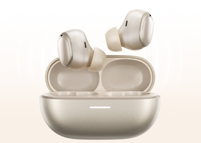 Auriculares sem fios dourados com caixa de carregamento, elegantes e modernos.