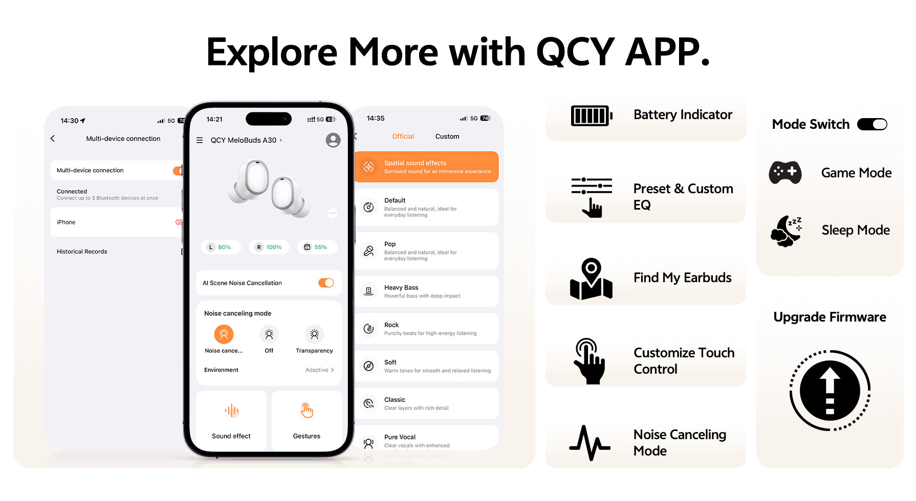 Aplicação QCY: funcionalidades como ligação de dispositivos, ajuste de EQ, cancelamento de ruído e atualização de firmware para auscultadores sem fios.