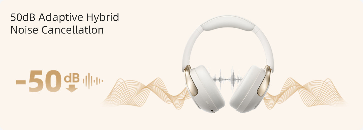 Auricular branco com cancelamento de ruído híbrido adaptativo de 50dB, representado com ondas sonoras e redução de ruído.