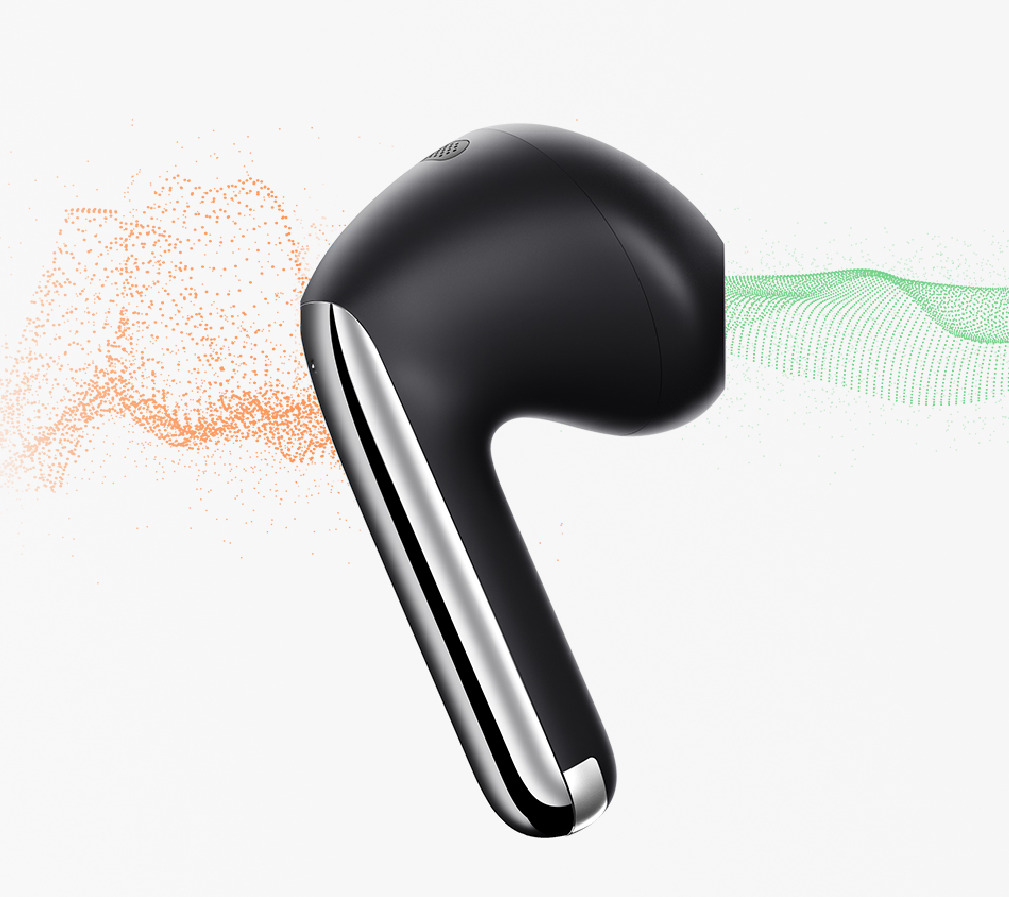 Secador de cabelo preto com design moderno, rodeado por efeitos de partículas laranja e verdes sobre fundo branco.
