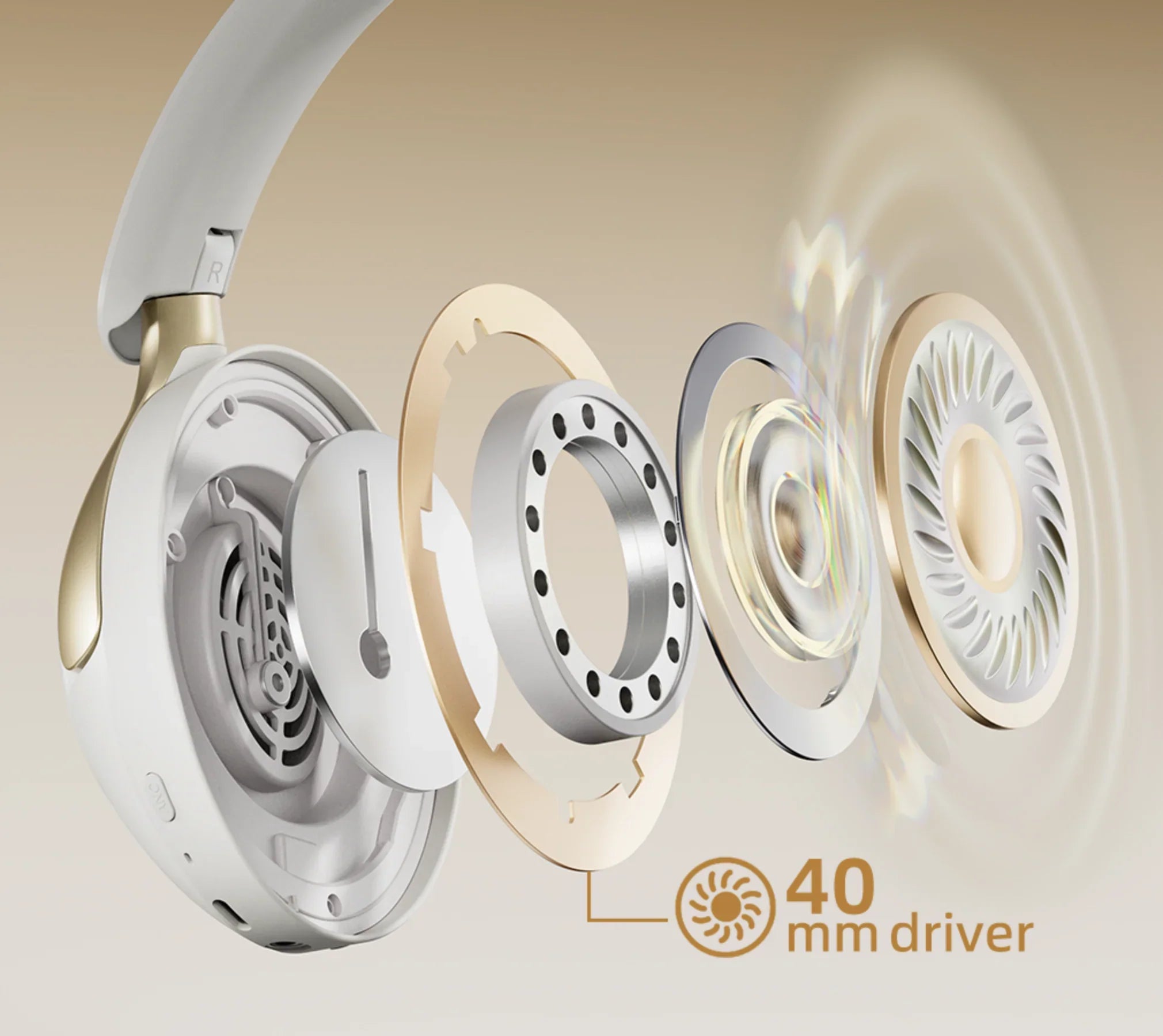 Auriculares over-ear brancos com altifalantes de 40 mm, som excecional e design elegante.