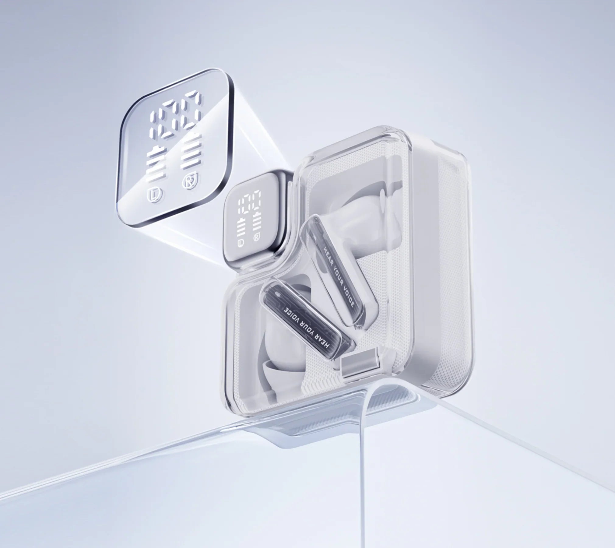Caixa transparente para auriculares com ecrã digital e auriculares – design moderno, estado de carga visível, inscrição "Hear Your Voice"
