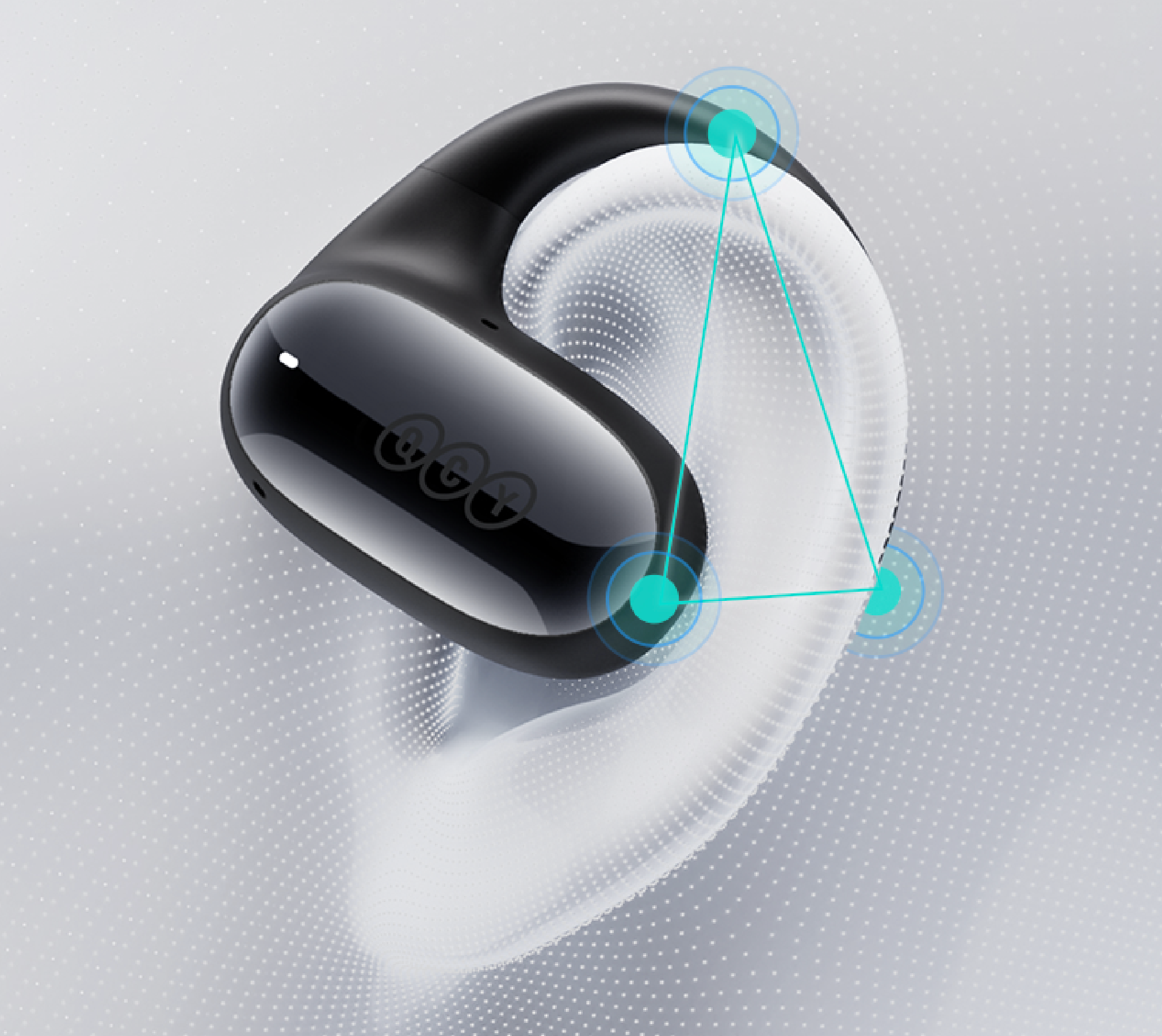 Auriculares QCY pretos na caixa com diagrama de som 3D, ideais para música e chamadas.