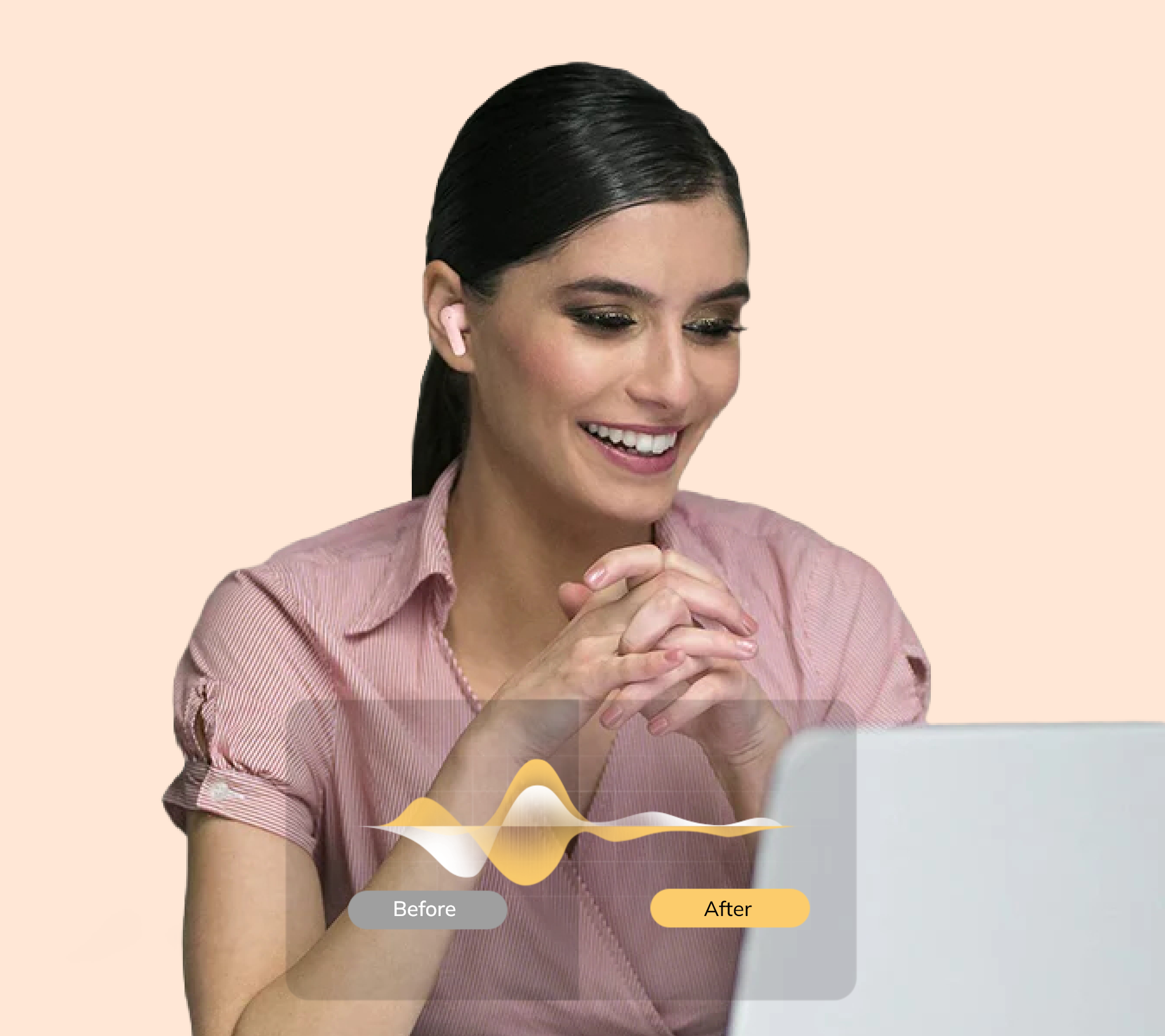 Mulher feliz com auscultadores sem fios numa videochamada – comparação antes/depois
