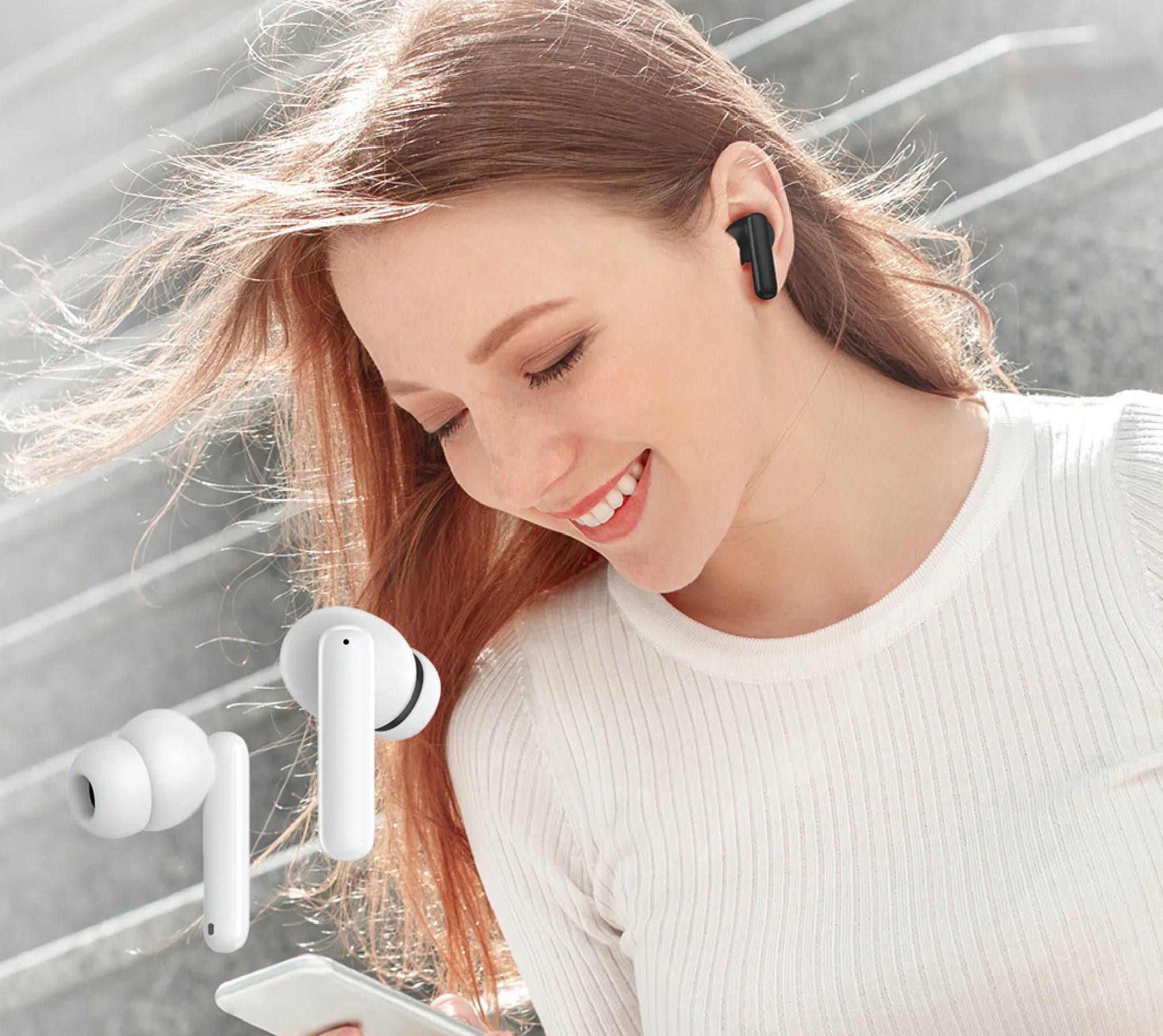 Auriculares Bluetooth sem fios brancos – elegantes, confortáveis e perfeitos para desfrutar de música em movimento.