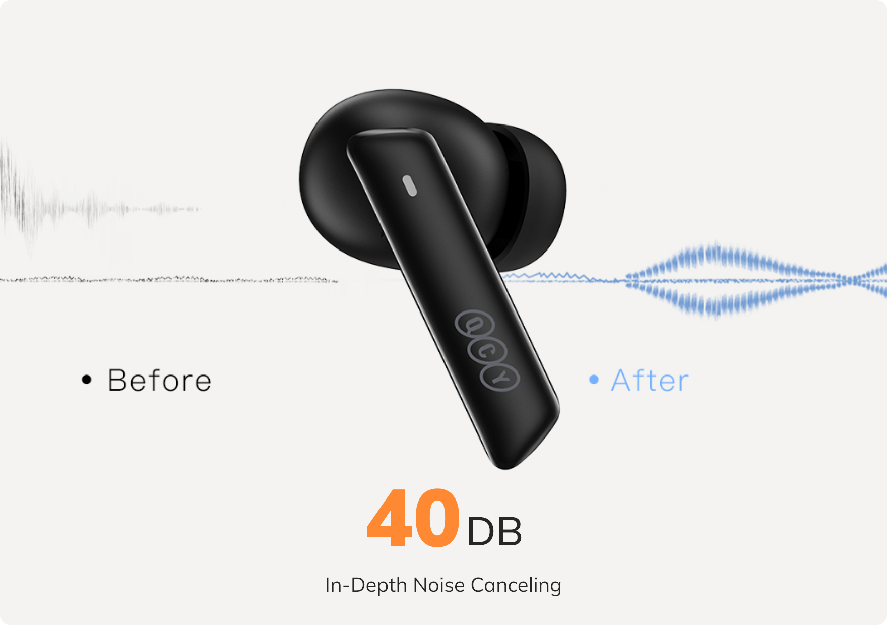 Auriculares True Wireless QCY com cancelamento de ruído de 40 dB.