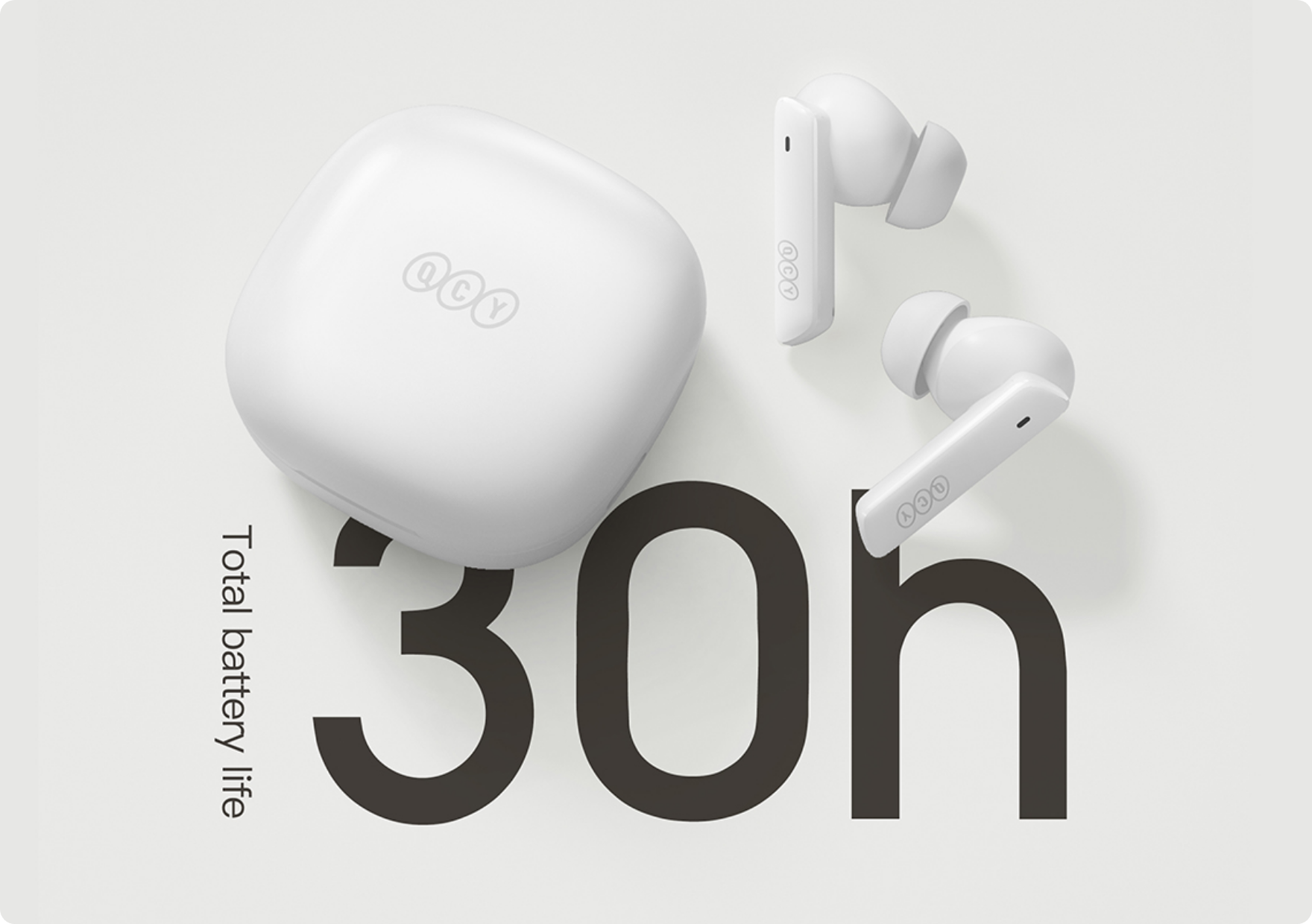 Auriculares Bluetooth QCY T13 brancos com estojo de carregamento, 30h de autonomia da bateria, sem fios, design intra-auricular para música e chamadas.