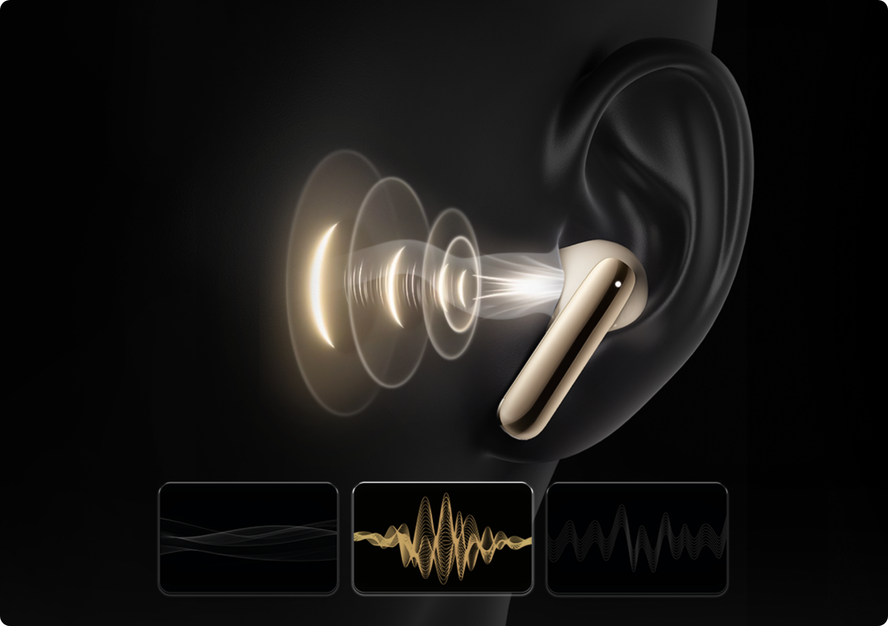 Auriculares intra-auriculares dourados com representação de ondas sonoras e análise de ondas de áudio.