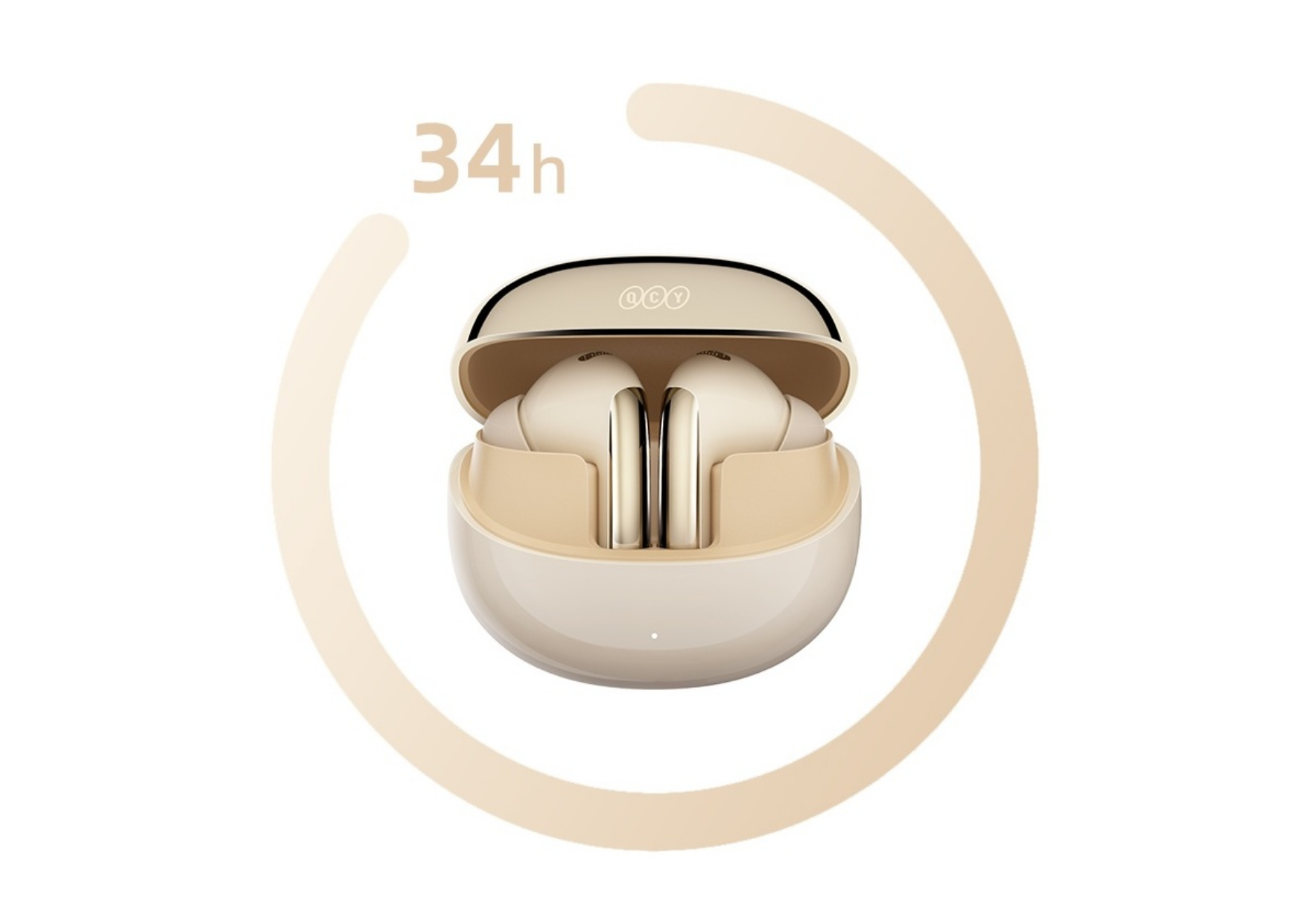 Auriculares sem fios QCY em bege com estojo de carregamento, 34 horas de autonomia da bateria, design elegante para uso em movimento.