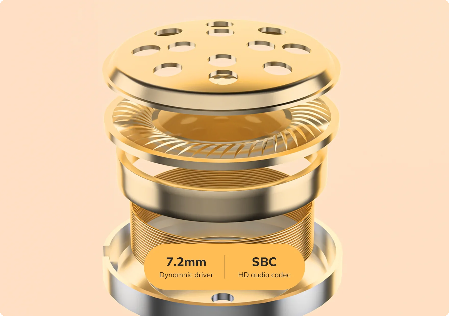 Driver de altifalante dourado com dinâmica de 7,2 mm e codec de áudio SBC HD.