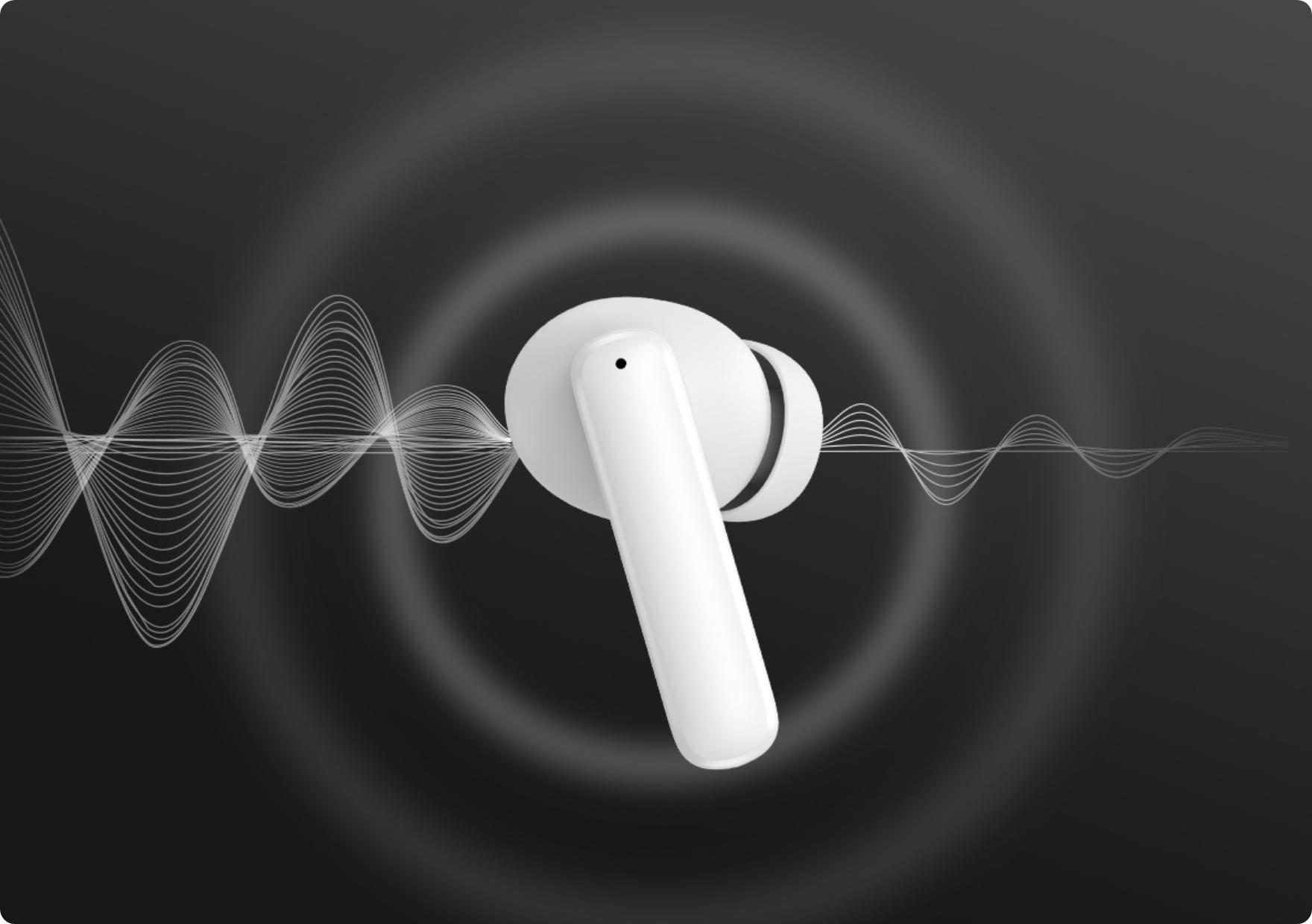 Auriculares sem fios brancos com representação de ondas sonoras em fundo escuro.