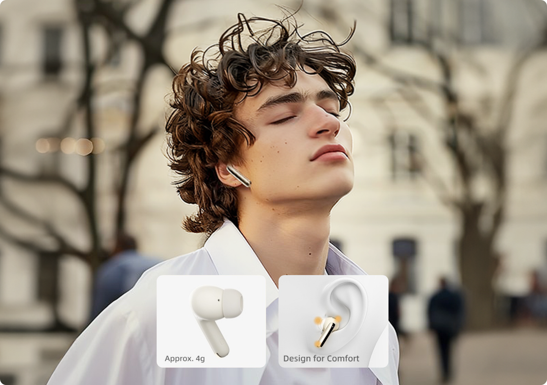 Auriculares leves com design confortável, cerca de 4 g – ideais para ouvir música ao ar livre.