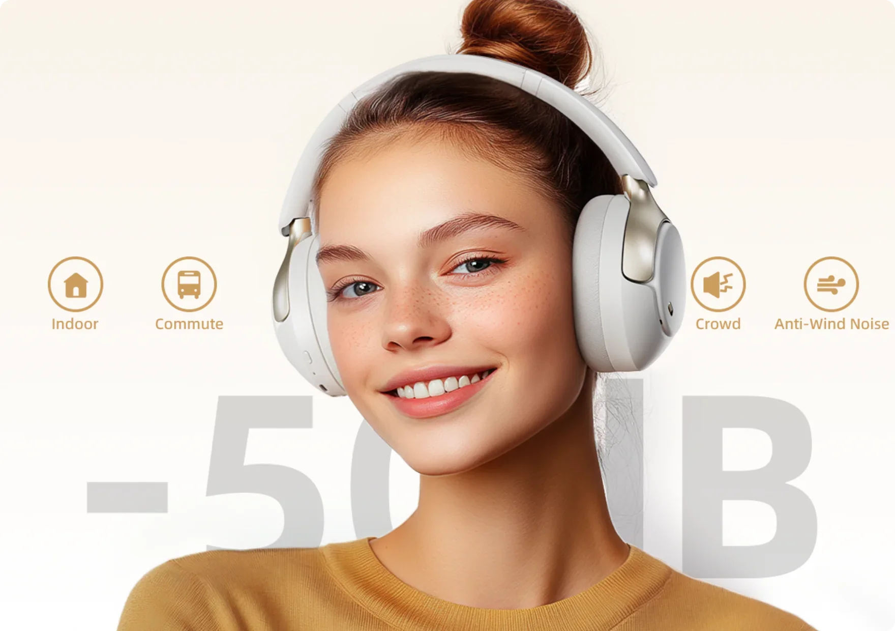 Auricular branco com cancelamento de ruído e atenuação de -50dB para ambientes interiores, deslocações, multidões e ruído do vento.