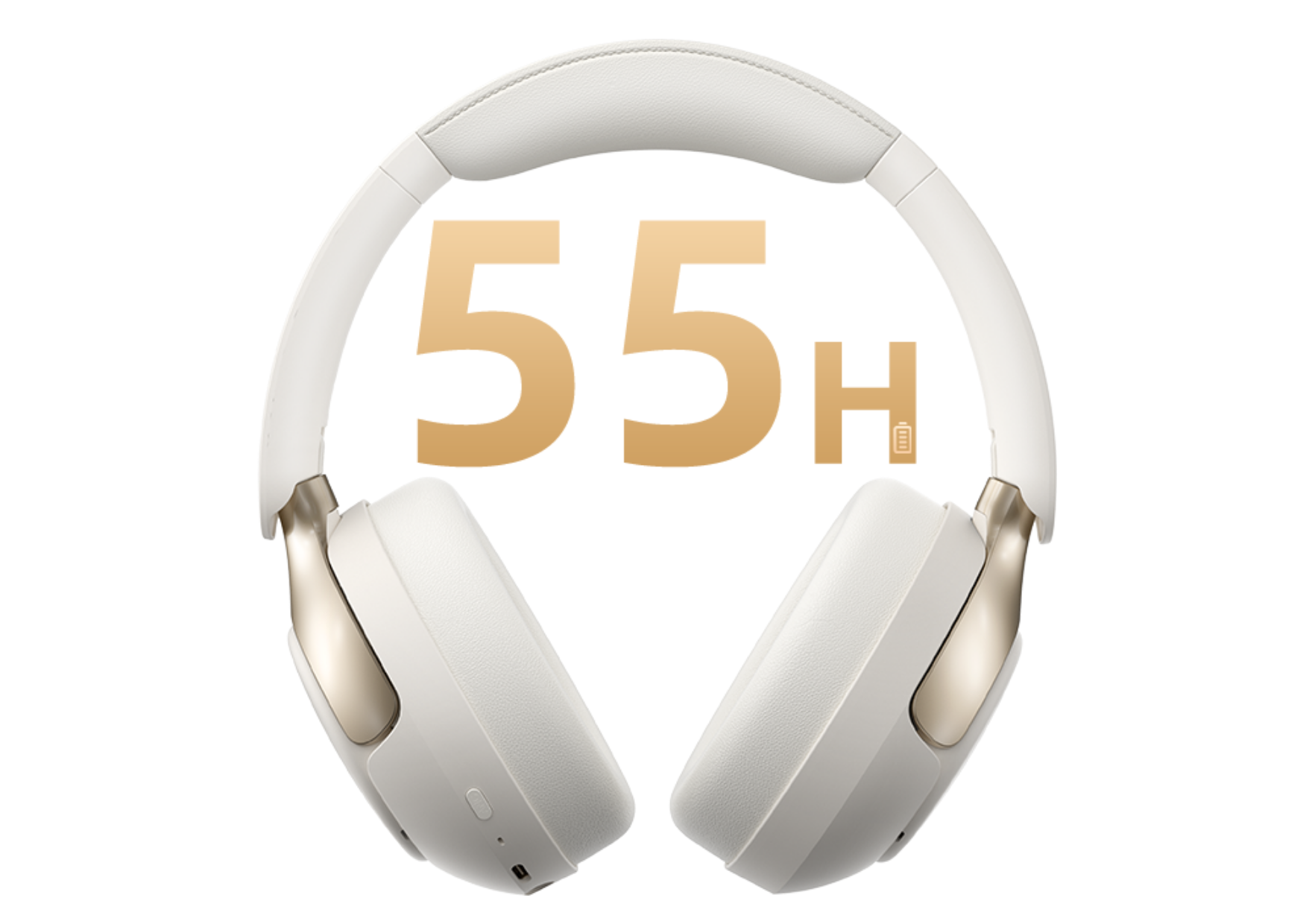 Auriculares over-ear brancos com 55 horas de autonomia da bateria.
