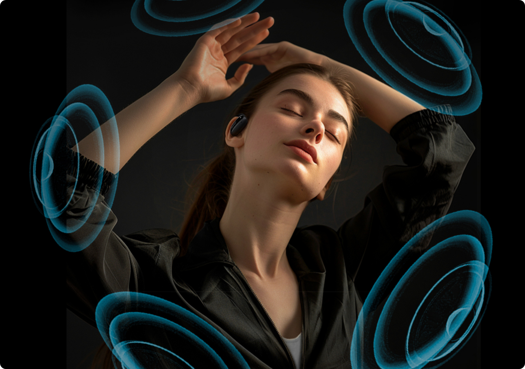 Mulher com auscultadores Bluetooth, ondas sonoras azuis, momento relaxante