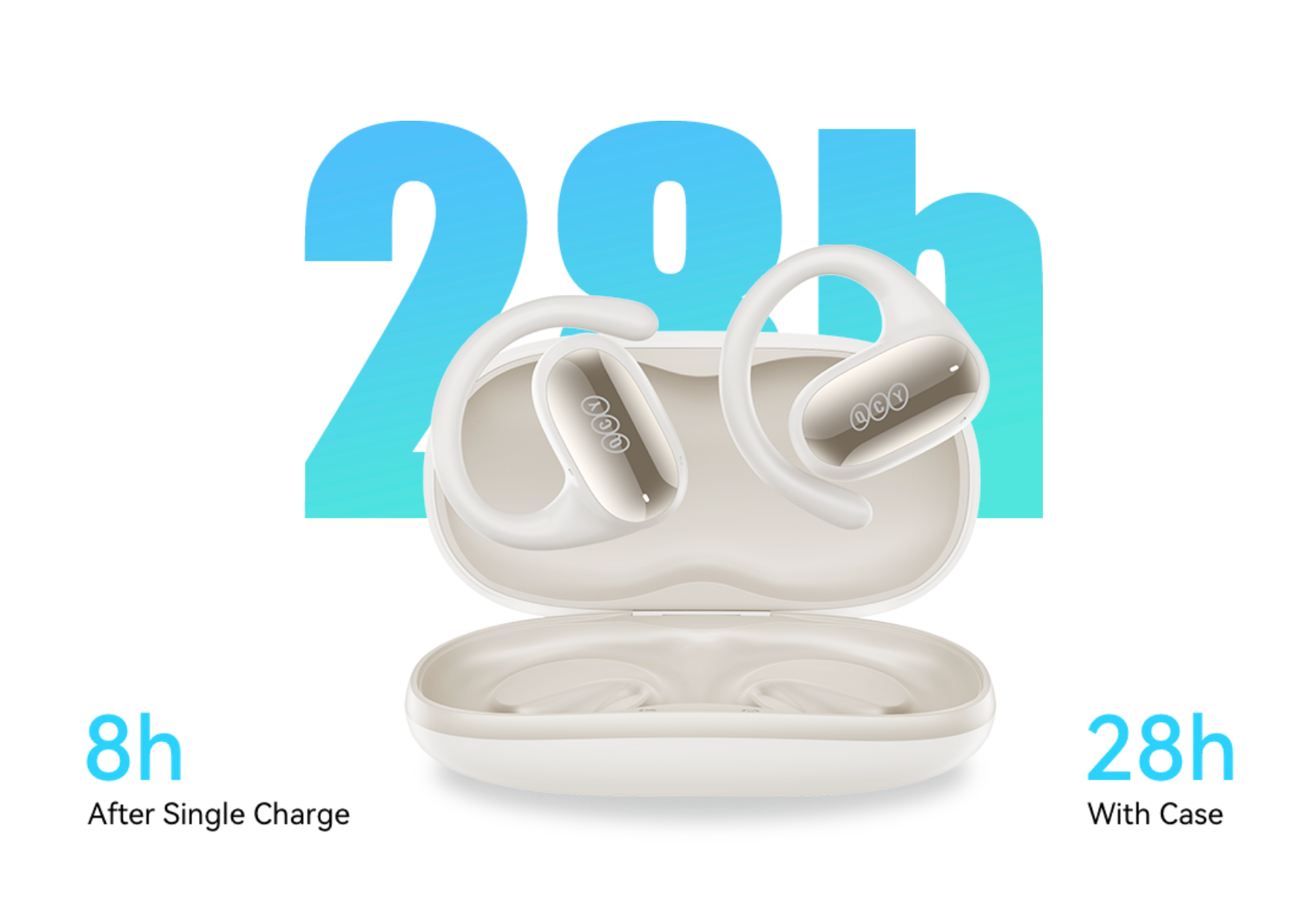 Auriculares QCY HT05 Open-Ear com estojo de carregamento: 8h de autonomia por carga, total de 28h. Design branco para desporto e uso diário.