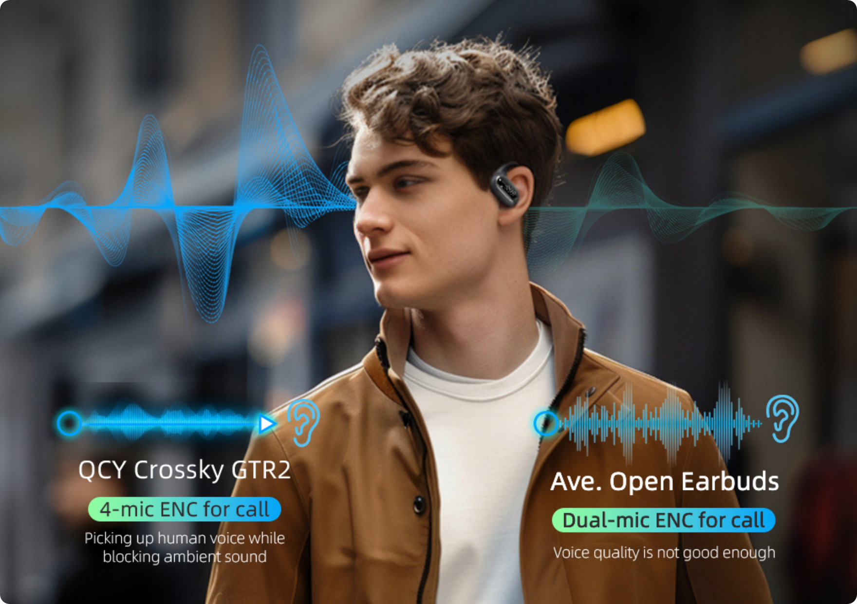 Auriculares QCY Crossky GTR2 com 4 microfones ENC para chamadas claras em comparação com auriculares abertos médios.