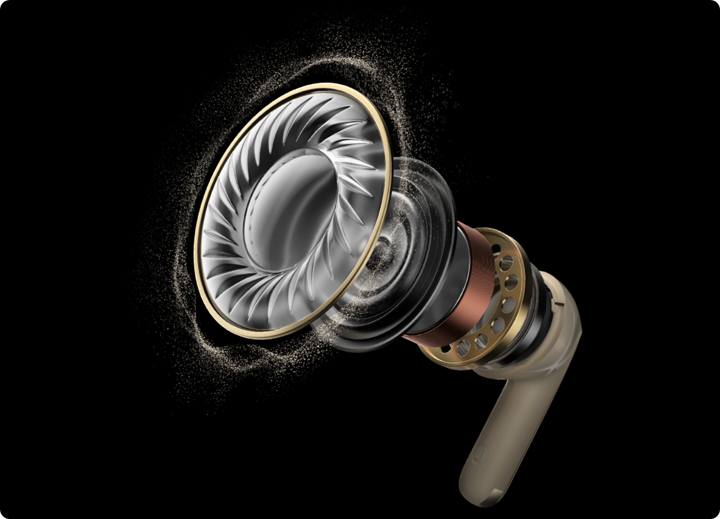 Estrutura interna de auscultadores sem fios com driver dourado e design moderno.
