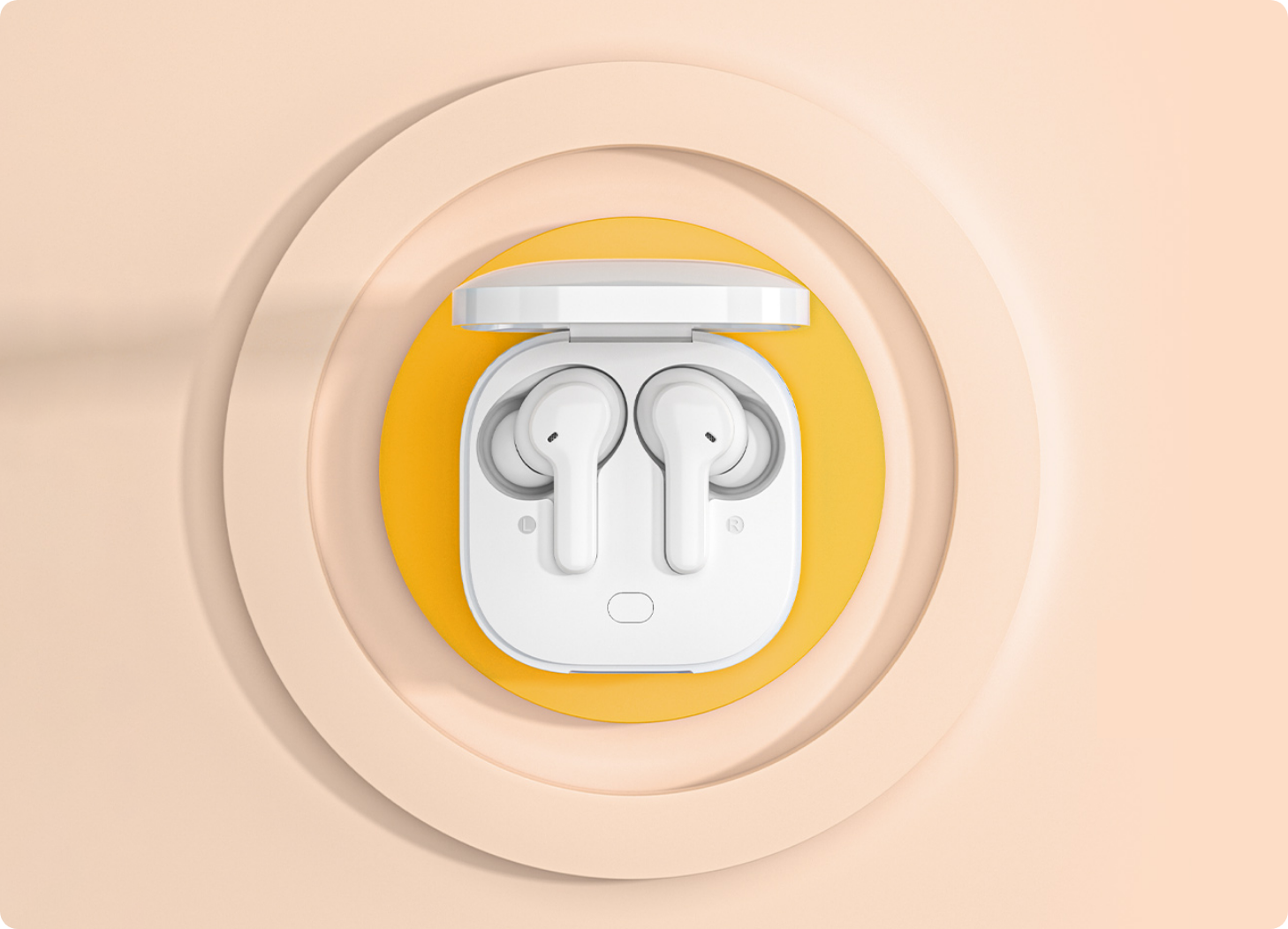 Auriculares sem fios brancos num estojo de carregamento aberto sobre um círculo amarelo, rodeados por anéis concêntricos em tons pastéis.