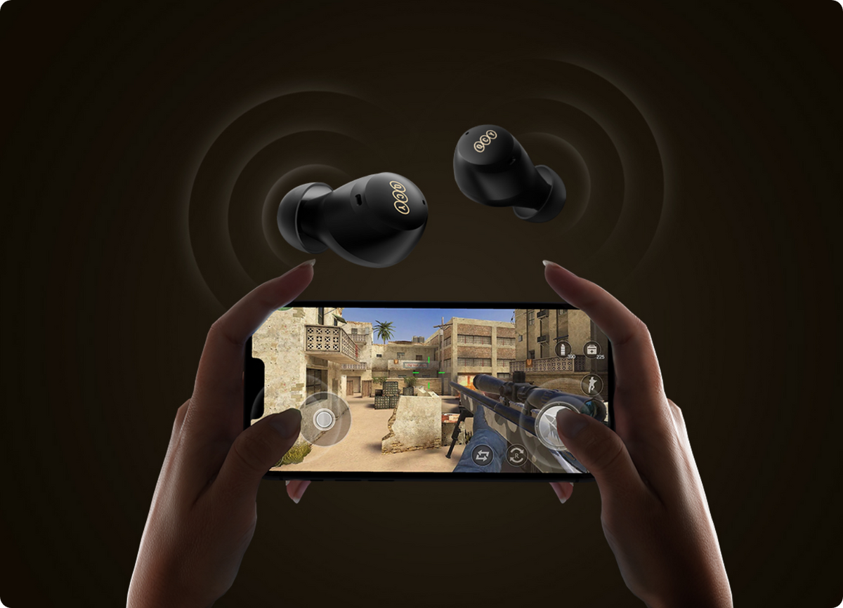 Auriculares sem fios pretos para jogos móveis com som imersivo.