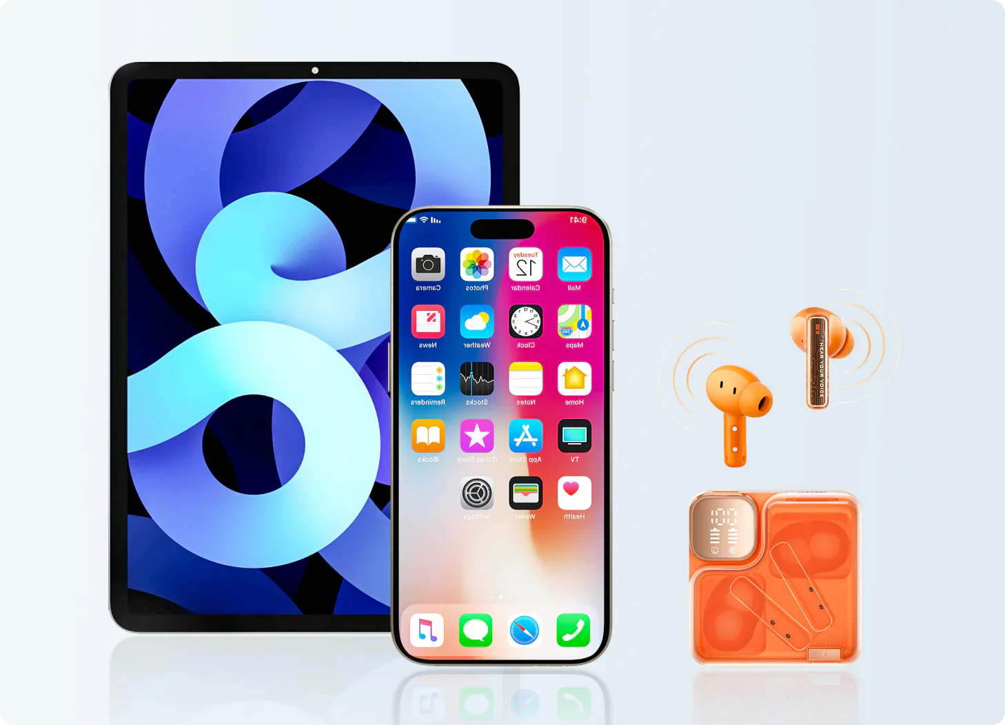 iPad, iPhone e auscultadores sem fios laranja sobre fundo claro.