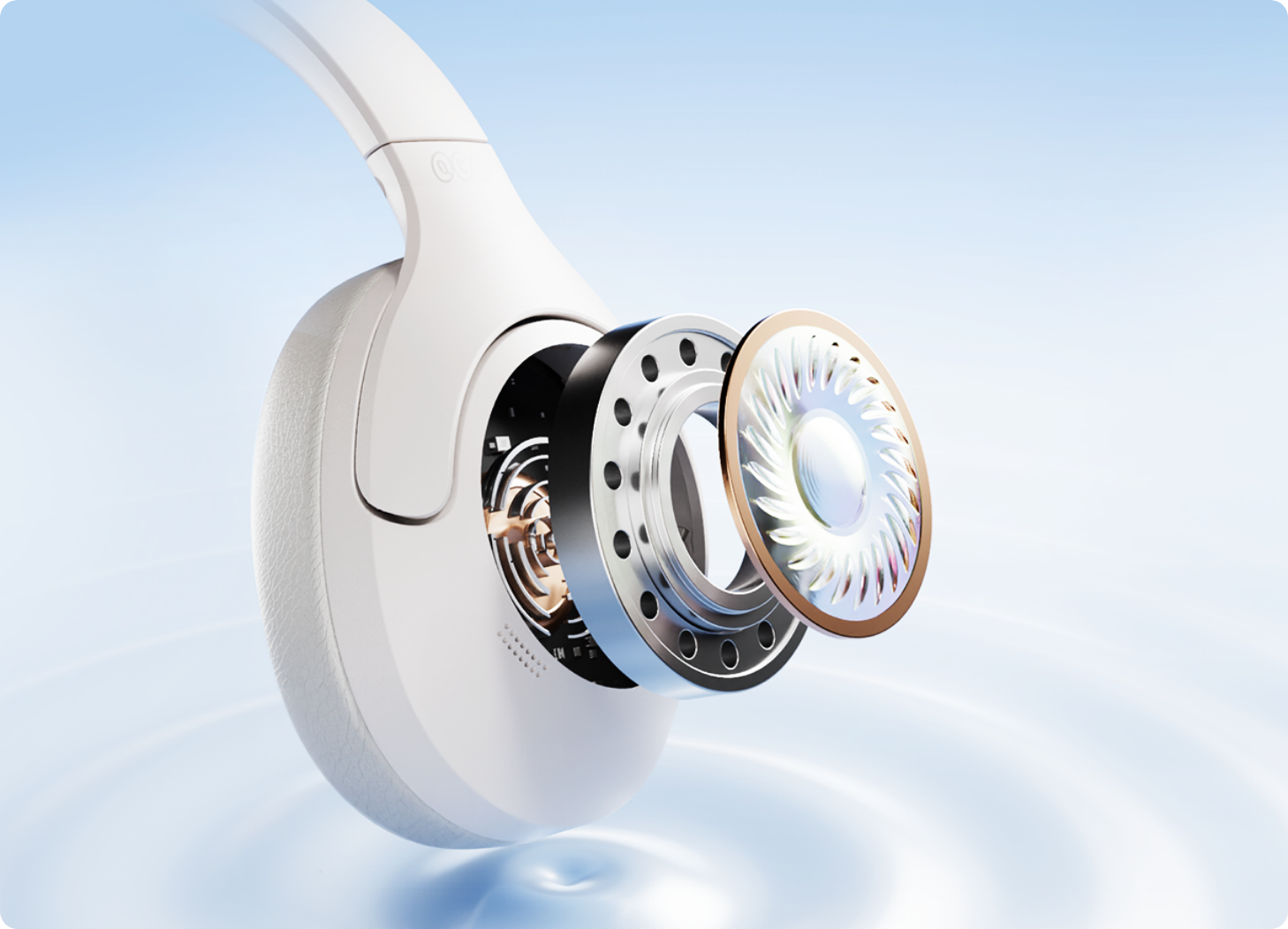 Auriculares over-ear brancos com estrutura de altifalante exposta – som de alta qualidade para música e podcasts.