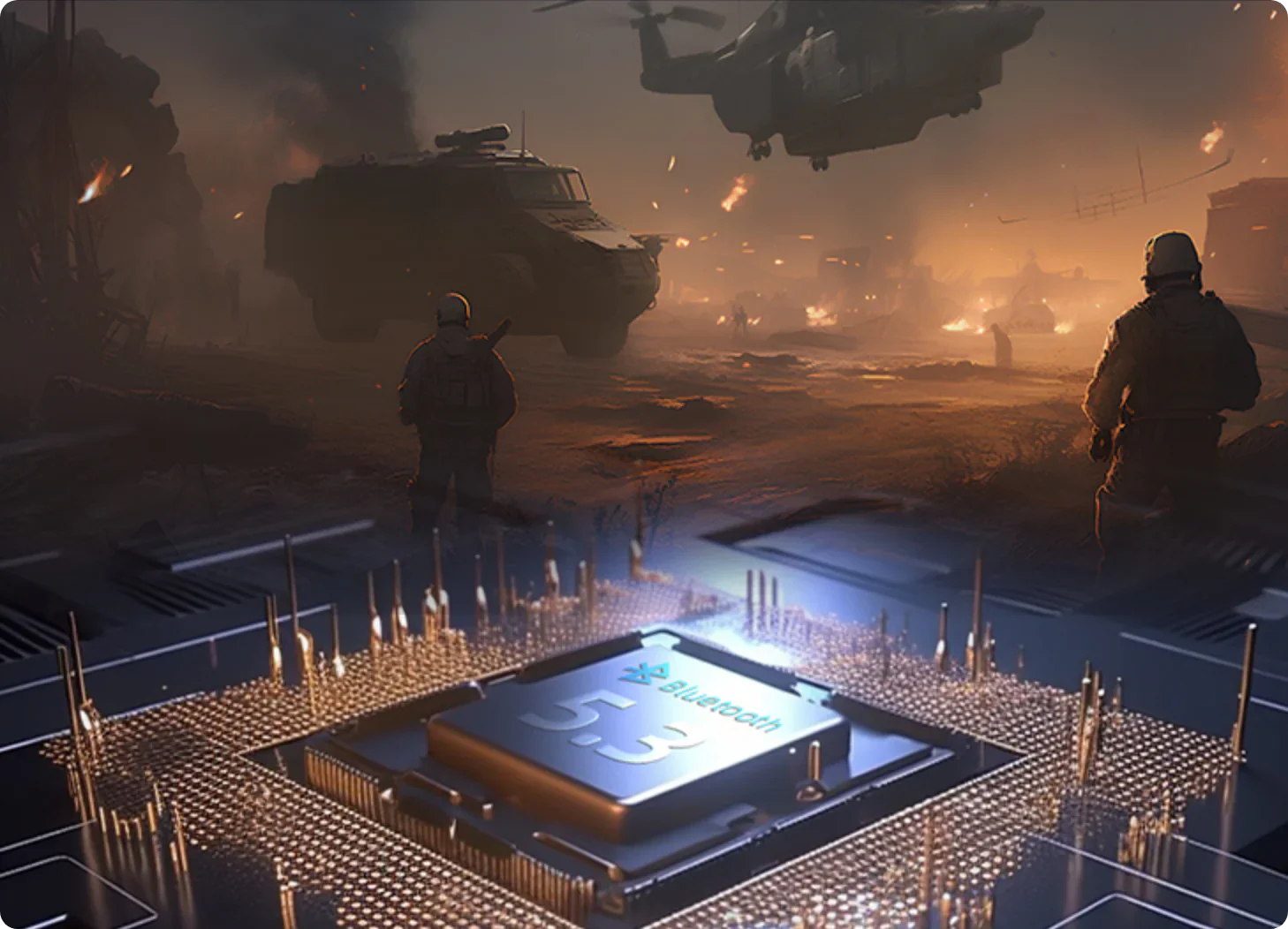 Chip Bluetooth 5.3 numa placa de circuito futurista com cenas de guerra ao fundo – Tecnologia militar de alta tecnologia