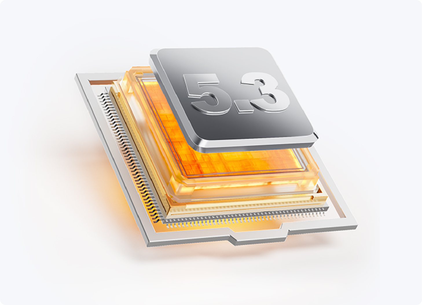 Processador CPU 5.3 com design transparente, arquitetura moderna de microchip e camadas douradas brilhantes em fundo branco