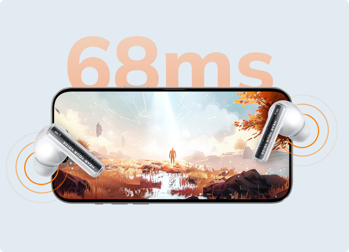 Auscultadores Bluetooth brancos diante de um smartphone com indicação de latência de 68 ms e paisagem de outono no ecrã.