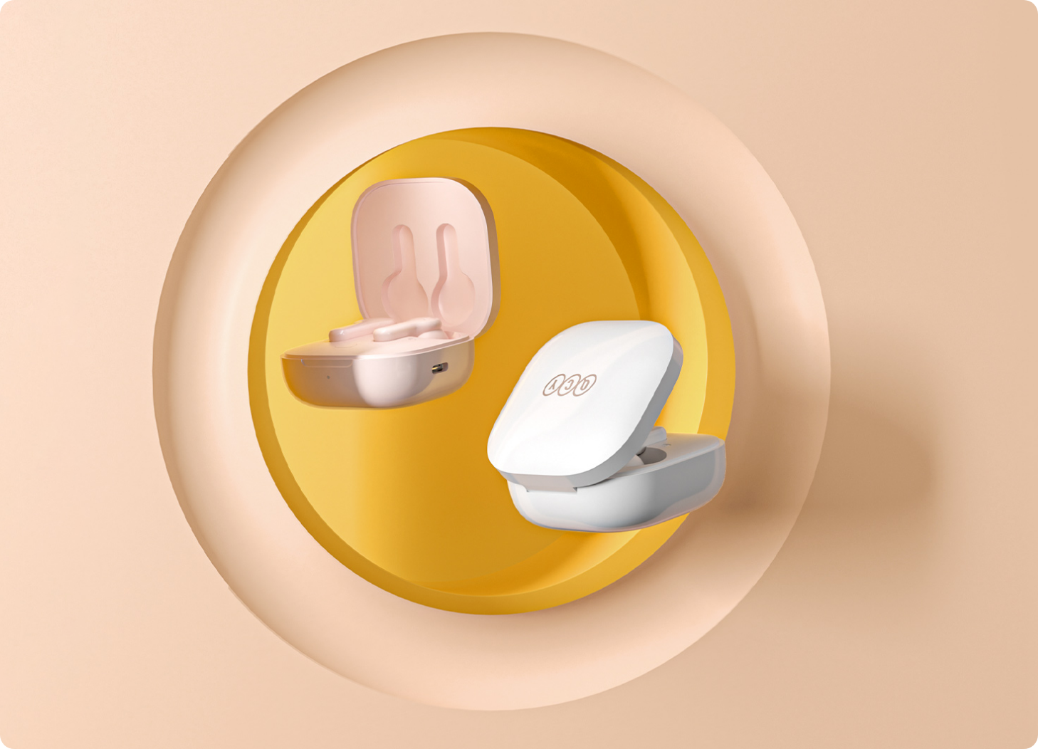 Dois auriculares sem fios em rosa e branco com estojo de carregamento sobre fundo amarelo.
